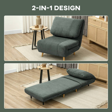Grünes, verstellbares Cord-Schlafsofa zum Zusammenklappen – 82 x 89 x 83 cm
