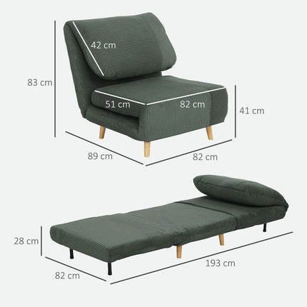Grünes, verstellbares Cord-Schlafsofa zum Zusammenklappen – 82 x 89 x 83 cm