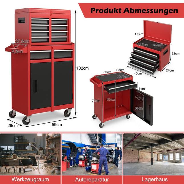 2 in 1 Werkstattwagen mit Koffer &amp; 8 Fächern &amp; Haken &amp; verstellbarem Boden 100 kg Tragkraft