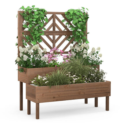 2-stöckiges Gartenbeet mit Spalier, Hochbeet aus Holz mit Beinen, Ablaufloch, Pflanzkübel, braun