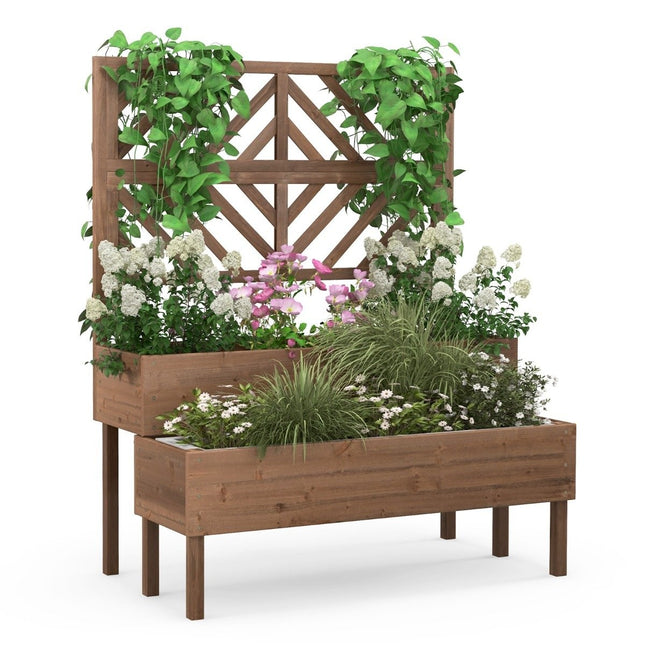 2-stöckiges Gartenbeet mit Spalier, Hochbeet aus Holz mit Beinen, Ablaufloch, Pflanzkübel, braun