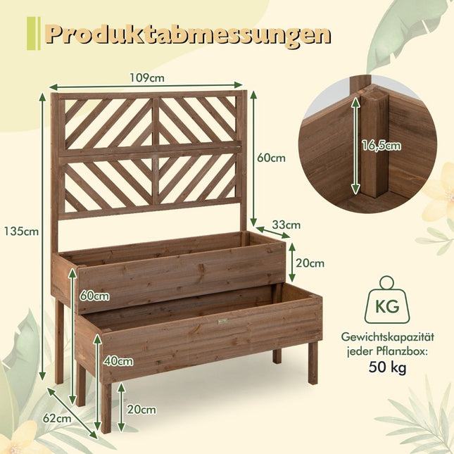 2-stöckiges Gartenbeet mit Spalier, Hochbeet aus Holz mit Beinen, Ablaufloch, Pflanzkübel, braun