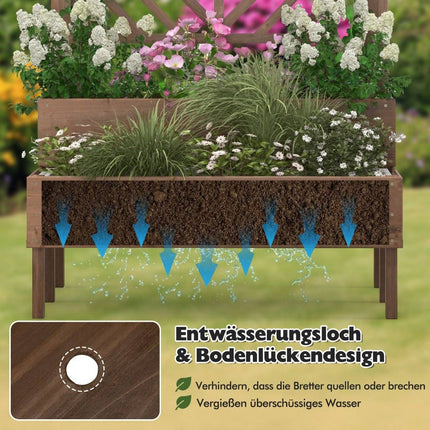 2-stöckiges Gartenbeet mit Spalier, Hochbeet aus Holz mit Beinen, Ablaufloch, Pflanzkübel, braun