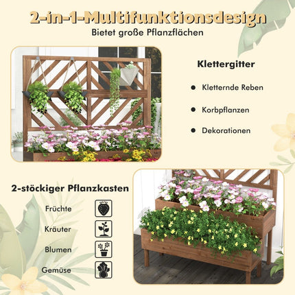 2-stöckiges Gartenbeet mit Spalier, Hochbeet aus Holz mit Beinen, Ablaufloch, Pflanzkübel, braun