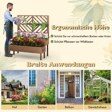 2-stöckiges Gartenbeet mit Spalier, Hochbeet aus Holz mit Beinen, Ablaufloch, Pflanzkübel, braun