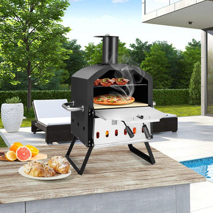 2-lagiger Pizzaofen mit Grillrost &amp; Pizzastein &amp; Pizzaschaufel &amp; wasserdichter Abdeckung