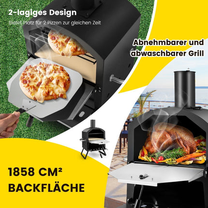 2-lagiger Pizzaofen mit Grillrost &amp; Pizzastein &amp; Pizzaschaufel &amp; wasserdichter Abdeckung