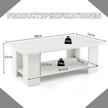 2-stufiger Couchtisch aus Holz, Beistelltisch, belastbar bis 125 kg, 90 x 52 x 32 cm, weiß