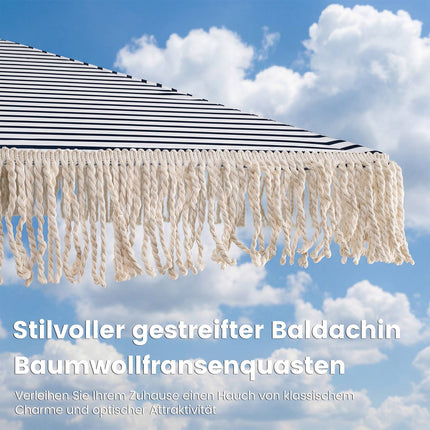 2m Blauer Sonnenschirm mit Fransen und Metallstange