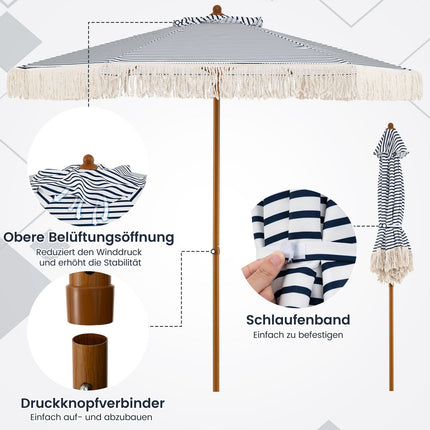 2m Blauer Sonnenschirm mit Fransen und Metallstange