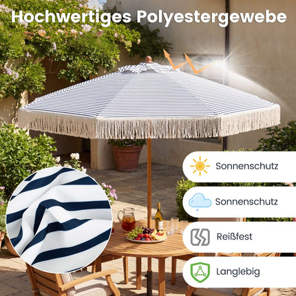 2m Blauer Sonnenschirm mit Fransen und Metallstange