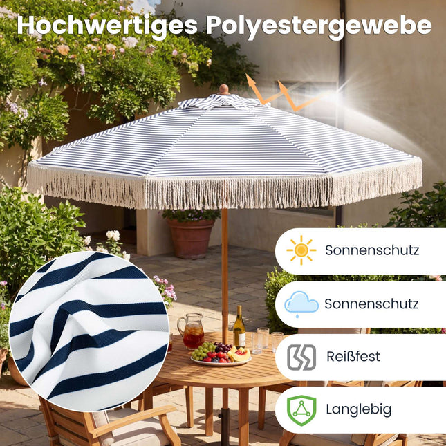 2m Blue Patio Umbrella with Fringe and Metal Pole