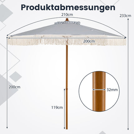 2m Blauer Sonnenschirm mit Fransen und Metallstange