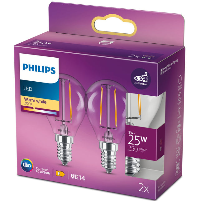 2 ks LED žárovka E14 globe 2W (25W) čirá 250lm
