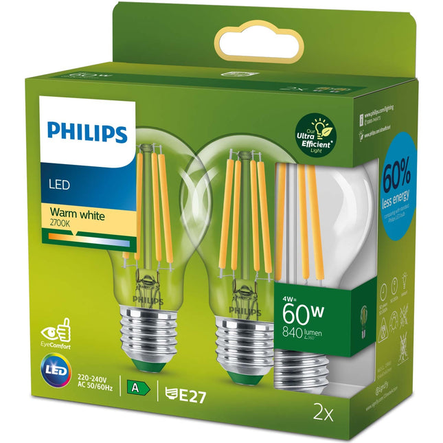 2er-Pack LED E27 Normal 4W (60W) Klar 840lm 2700K Energieklasse A