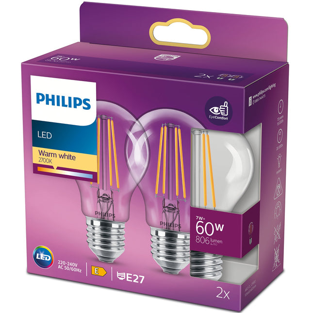 2 ks LED žárovka E27 klasická 7W (60W) čirá 806lm