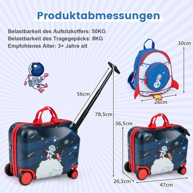 2-piece children's suitcase + backpack 47 cm long ride-on suitcase and 30 cm wide backpack 12"+18" astronauts