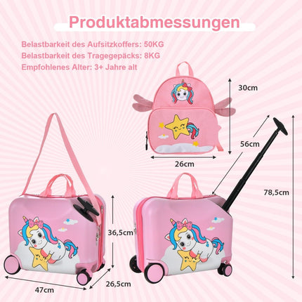 2-teiliger Kinderkoffer + Rucksack 47 cm langer Aufsitzkoffer und 30 cm breiter Rucksack rosa Einhorn