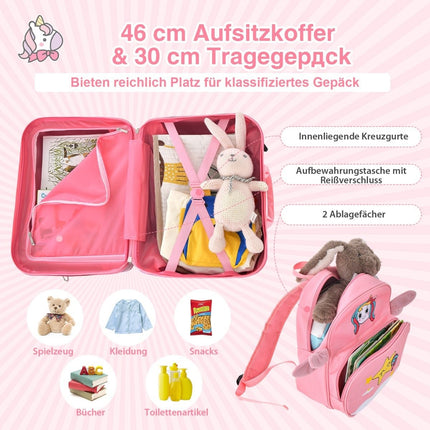 2-teiliger Kinderkoffer + Rucksack 47 cm langer Aufsitzkoffer und 30 cm breiter Rucksack rosa Einhorn