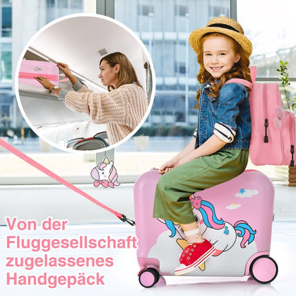 2-teiliger Kinderkoffer + Rucksack 47 cm langer Aufsitzkoffer und 30 cm breiter Rucksack rosa Einhorn