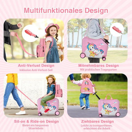 2-teiliger Kinderkoffer + Rucksack 47 cm langer Aufsitzkoffer und 30 cm breiter Rucksack rosa Einhorn