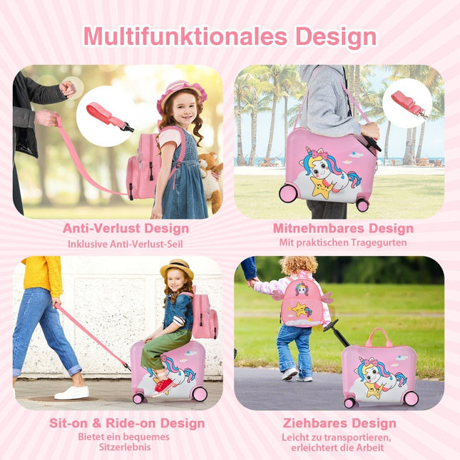 2-teiliger Kinderkoffer + Rucksack 47 cm langer Aufsitzkoffer und 30 cm breiter Rucksack rosa Einhorn