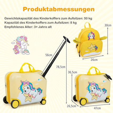 2-piece children's suitcase + backpack 47 cm long ride-on suitcase and 30 cm wide backpack yellow unicorn
