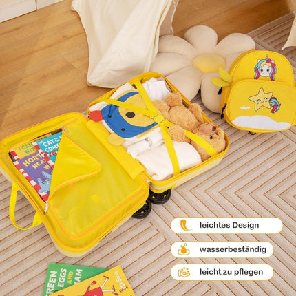 2-piece children's suitcase + backpack 47 cm long ride-on suitcase and 30 cm wide backpack yellow unicorn
