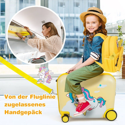2-piece children's suitcase + backpack 47 cm long ride-on suitcase and 30 cm wide backpack yellow unicorn