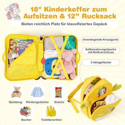 2-piece children's suitcase + backpack 47 cm long ride-on suitcase and 30 cm wide backpack yellow unicorn
