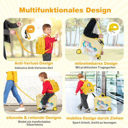 2-piece children's suitcase + backpack 47 cm long ride-on suitcase and 30 cm wide backpack yellow unicorn