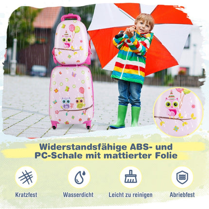 2dílný dětský kufr + batoh z plastu, dětský trolley 12"+16", růžoví ptáčci