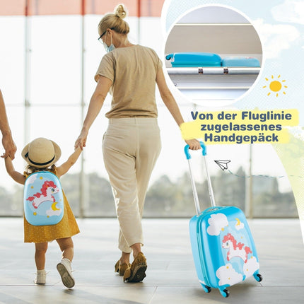 2-teiliger Kinderkoffer + Rucksack aus Kunststoff Kindertrolley Kindergepäck 12"+16" Blaues Pferd