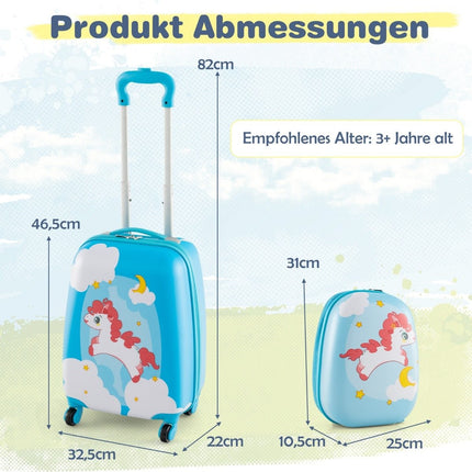 2-teiliger Kinderkoffer + Rucksack aus Kunststoff Kindertrolley Kindergepäck 12"+16" Blaues Pferd
