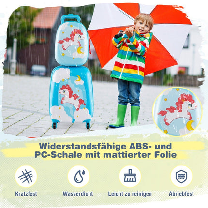 2-teiliger Kinderkoffer + Rucksack aus Kunststoff Kindertrolley Kindergepäck 12"+16" Blaues Pferd