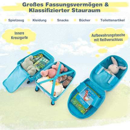 2-teiliger Kinderkoffer + Rucksack aus Kunststoff Kindertrolley Kindergepäck 12"+16" Blaues Pferd