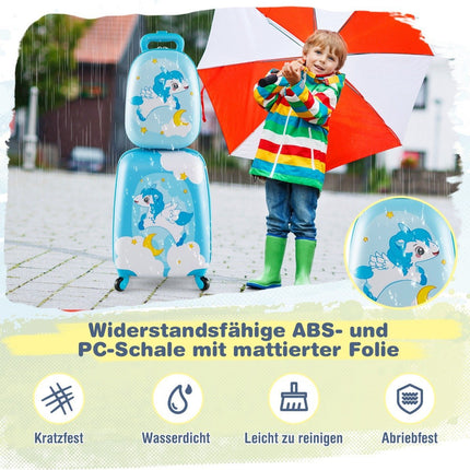 2-teiliger Kinderkoffer + Rucksack aus Kunststoff Kindertrolley Kindergepäck 12" + 16" Blaues Einhorn