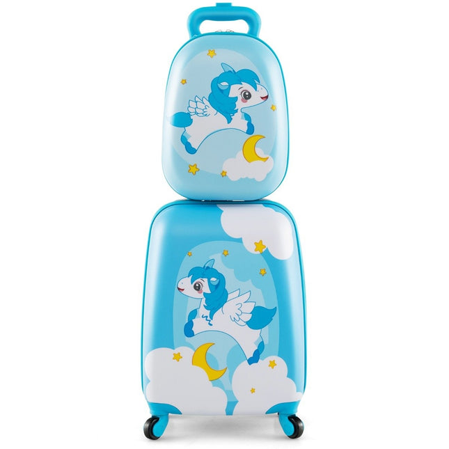 2-delige kinderkoffer + rugzak van kunststof kindertrolley kinderbagage 12" + 16" blauwe eenhoorn