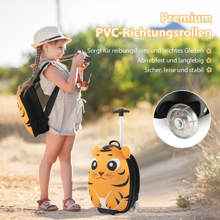 2-teiliger Kinderkoffer &amp; Rucksack mit Rollen &amp; 3-stufigem Teleskopgriff 12"+16" Kindertrolley Tiger