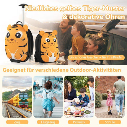 2-teiliger Kinderkoffer &amp; Rucksack mit Rollen &amp; 3-stufigem Teleskopgriff 12"+16" Kindertrolley Tiger