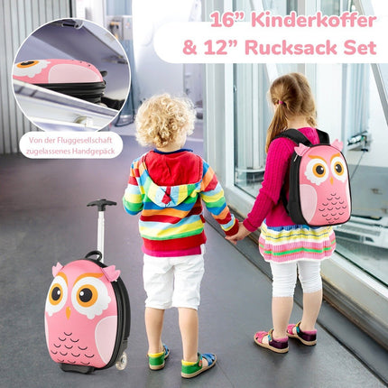 2-teiliger Kinderkoffer &amp; Rucksack mit Rollen &amp; 3-stufigem Teleskopgriff 12"+16" Kindertrolley Eule