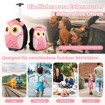 2-teiliger Kinderkoffer &amp; Rucksack mit Rollen &amp; 3-stufigem Teleskopgriff 12"+16" Kindertrolley Eule