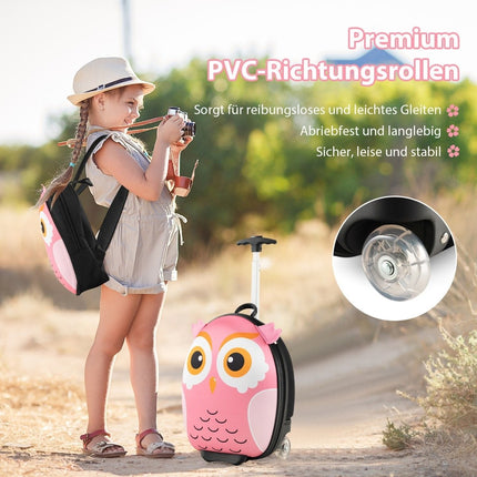 2-teiliger Kinderkoffer &amp; Rucksack mit Rollen &amp; 3-stufigem Teleskopgriff 12"+16" Kindertrolley Eule