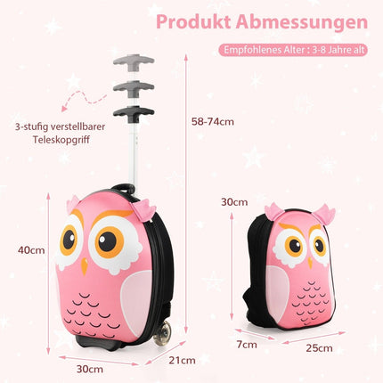 2-teiliger Kinderkoffer &amp; Rucksack mit Rollen &amp; 3-stufigem Teleskopgriff 12"+16" Kindertrolley Eule