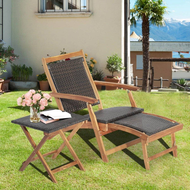 2-teiliges Gartenmöbel-Set bestehend aus Sessel mit ausziehbarer Fußstütze und Beistelltisch aus braunem Akazienholz