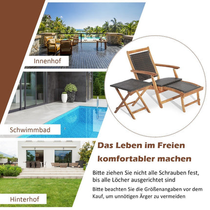 2-teiliges Gartenmöbel-Set bestehend aus Sessel mit ausziehbarer Fußstütze und Beistelltisch aus braunem Akazienholz