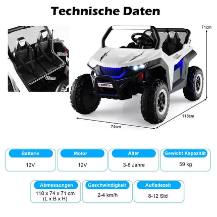 2-Sitzer 12V Kinderauto mit Musik und Scheinwerfern 118 x 74 x 71 cm - Weiß