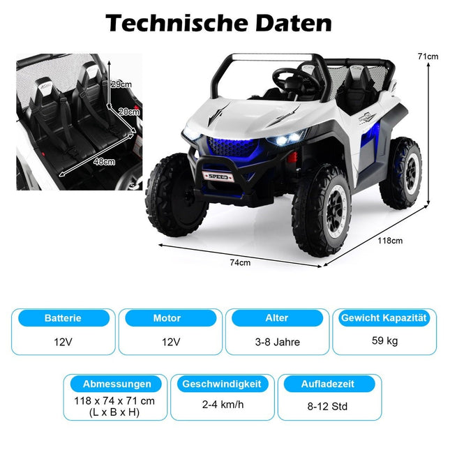 2-Sitzer 12V Kinderauto mit Musik und Scheinwerfern 118 x 74 x 71 cm - Weiß