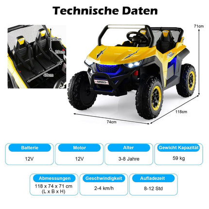 2-Sitzer 12V Kinderauto mit Musik und Scheinwerfern 118 x 74 x 71 cm - gelb