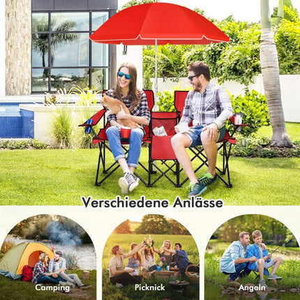 2-seater camping chair with parasol folding fishing chair with carry bag red
